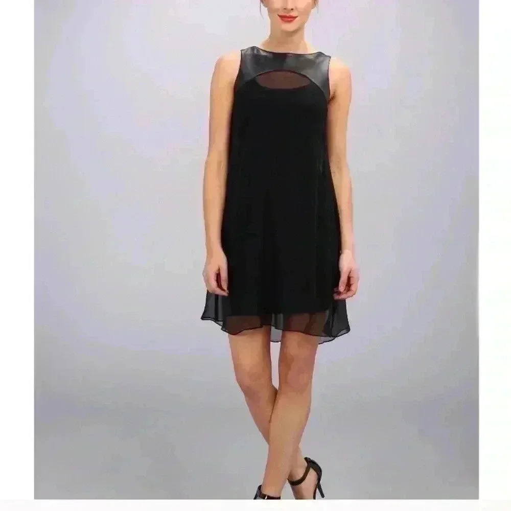 New Bailey 44 Silk Leather Trim Dress Sz M